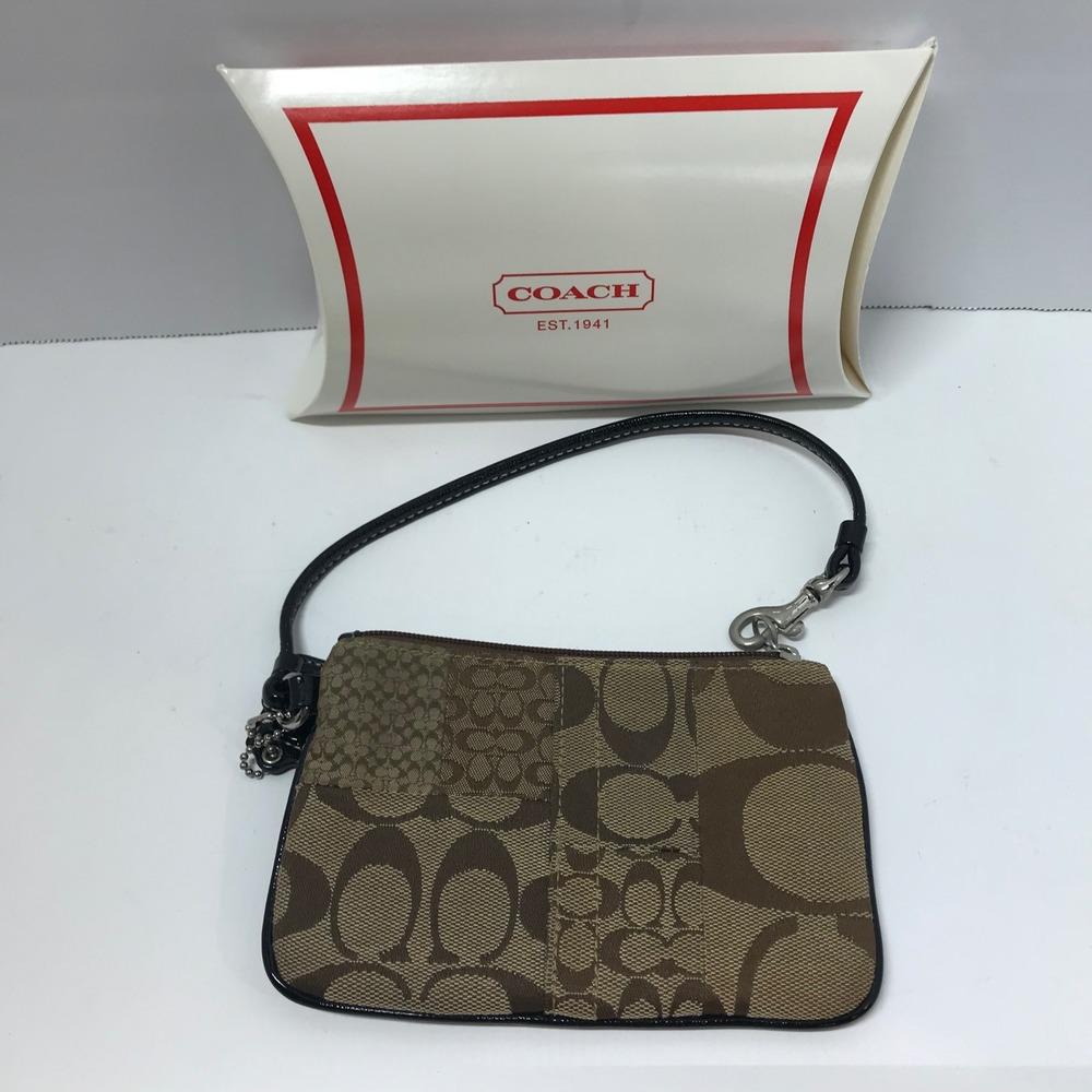 Coach Signature C Patchwork Wristlet Brown Tan Jacquard Teal Lining Small Bag